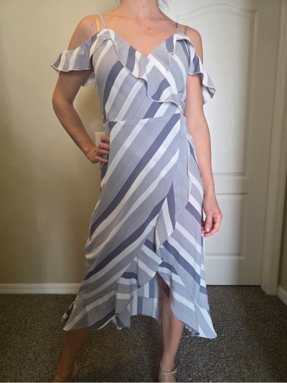 Veronica M Striped Cold-Shoulder Ruffle Wrap Midi Dress in Light Blue and White